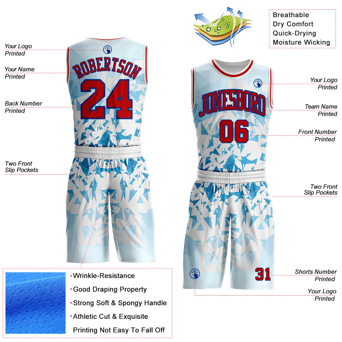 Custom White Red-Royal Triangle Shattered Geometric Round Neck Sublimation Basketball Uniform Jersey view 2