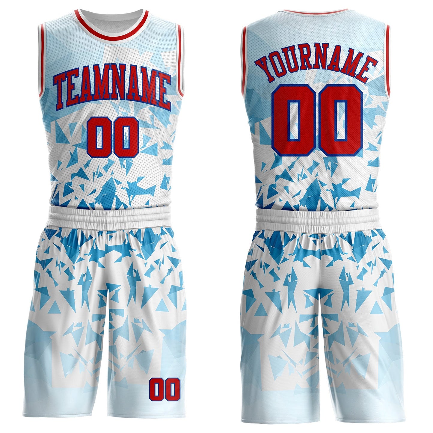Custom White Red-Royal Triangle Shattered Geometric Round Neck Sublimation Basketball Uniform Jersey - Main View