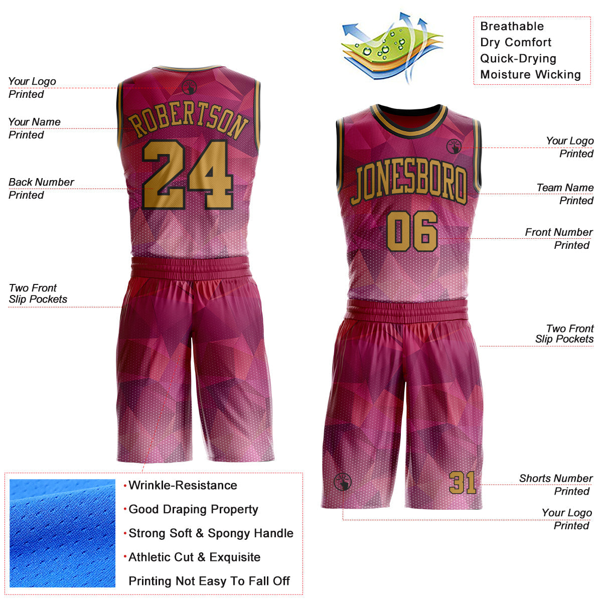 Custom Red Old Gold-Black Diamond Shapes Geometric Round Neck Sublimation Basketball Uniform Jersey view 2