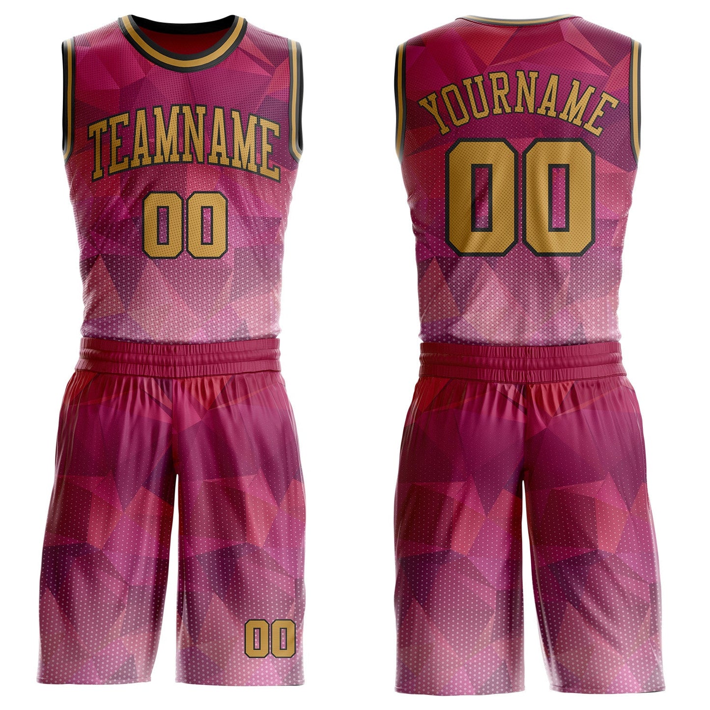 Custom Red Old Gold-Black Diamond Shapes Geometric Round Neck Sublimation Basketball Uniform Jersey - Main View