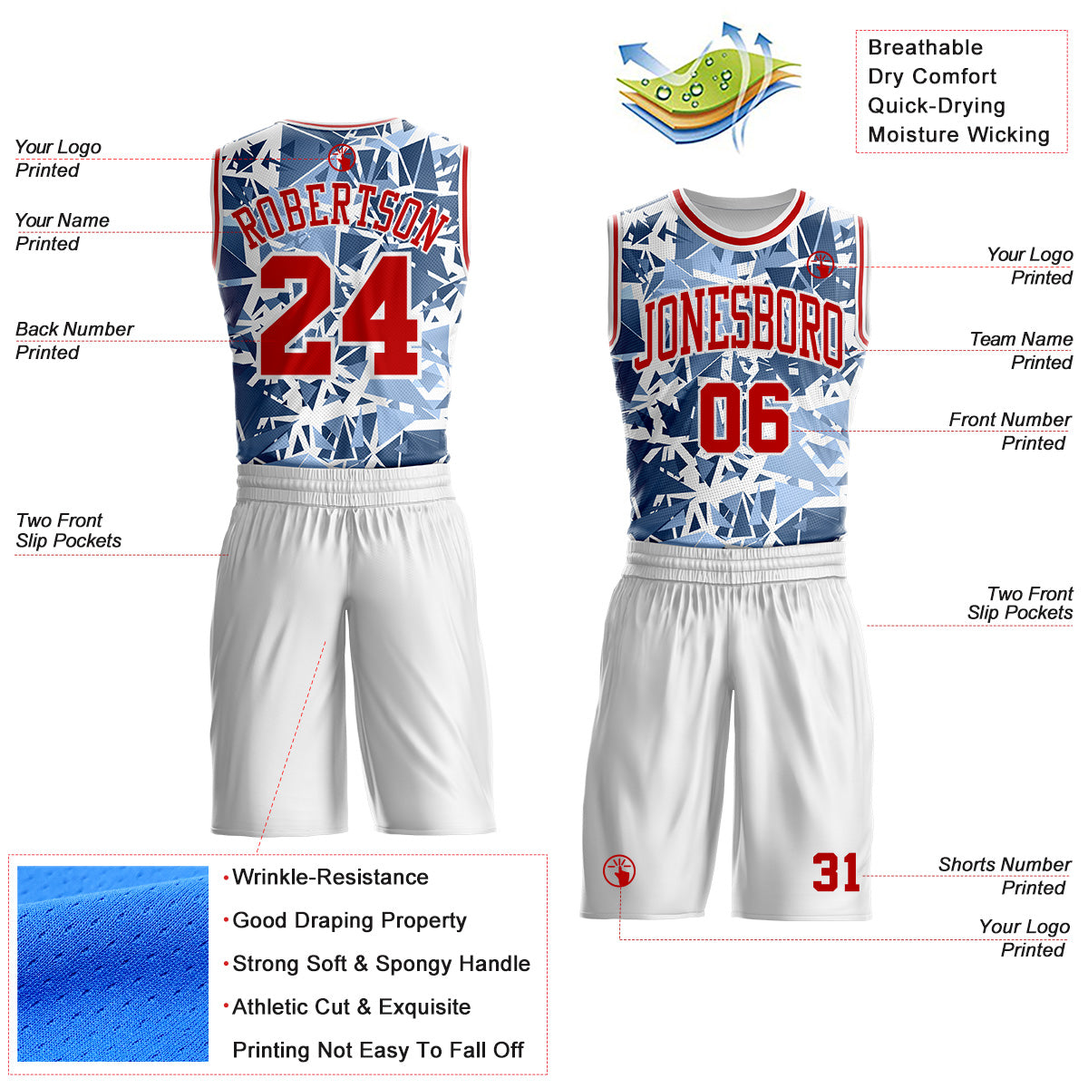 Custom White Red-Blue Triangle Shattered Geometric Round Neck Sublimation Basketball Uniform Jersey view 2