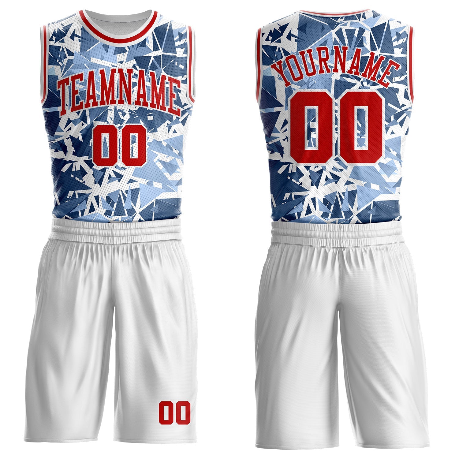 Custom White Red-Blue Triangle Shattered Geometric Round Neck Sublimation Basketball Uniform Jersey - Main View