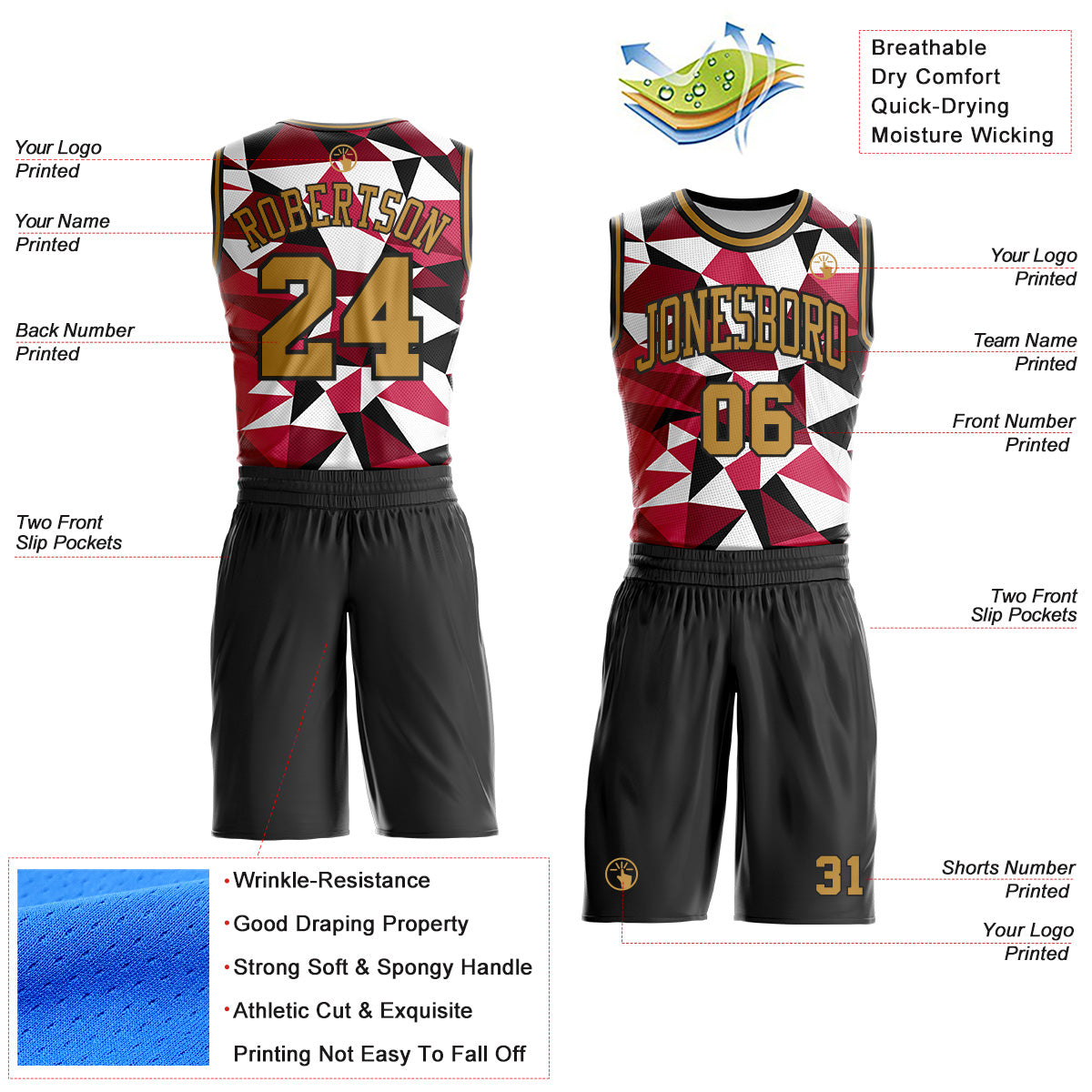 Custom Black Old Gold-Red Triangle Shapes Geometric Round Neck Sublimation Basketball Uniform Jersey view 2