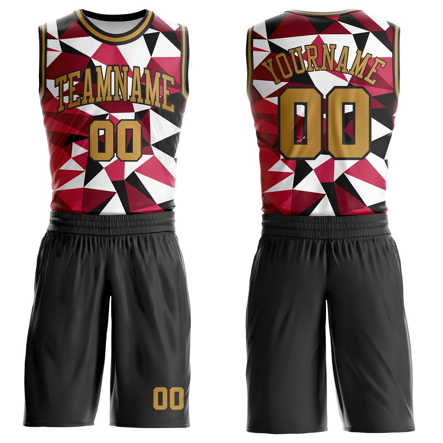 Custom Black Old Gold-Red Triangle Shapes Geometric Round Neck Sublimation Basketball Uniform Jersey - Main View