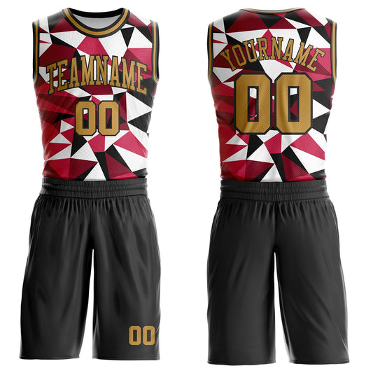 Custom Black Old Gold-Red Triangle Shapes Geometric Round Neck Sublimation Basketball Uniform Jersey - Main View