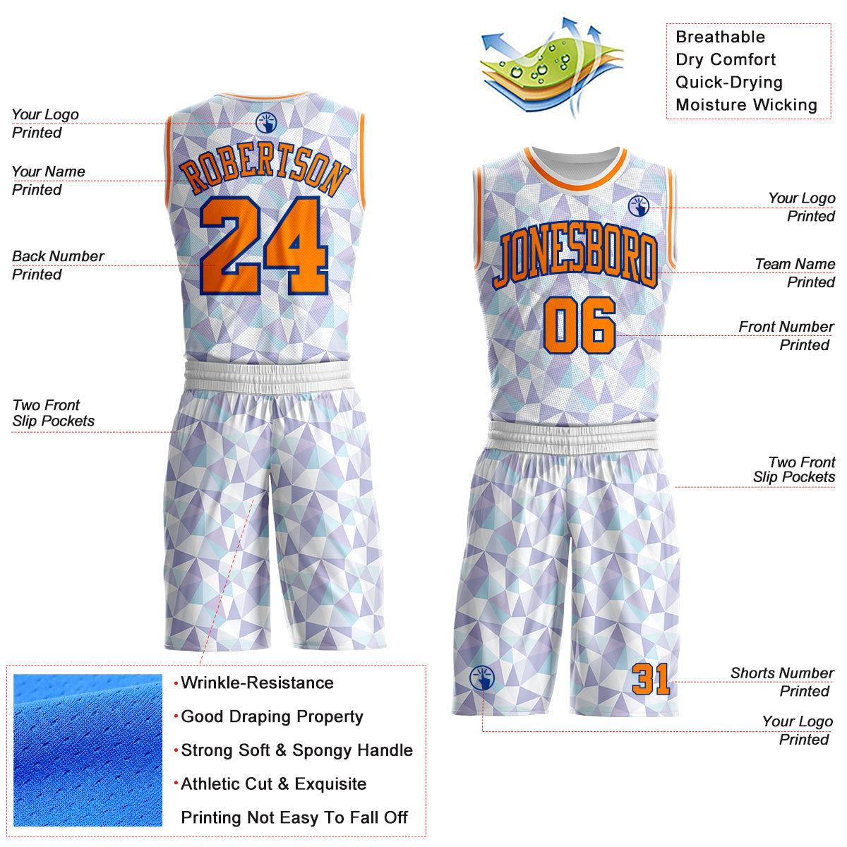 Custom White Bay Orange-Royal Diamond Shapes Geometric Round Neck Sublimation Basketball Uniform Jersey view 2