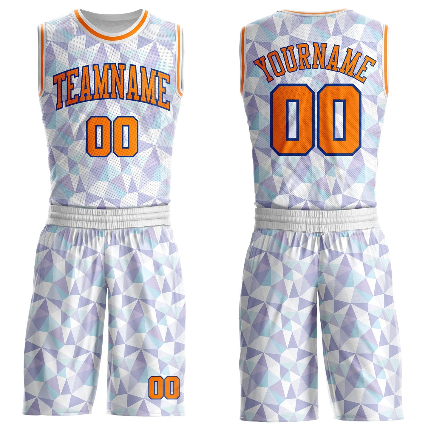 Custom White Bay Orange-Royal Diamond Shapes Geometric Round Neck Sublimation Basketball Uniform Jersey - Main View