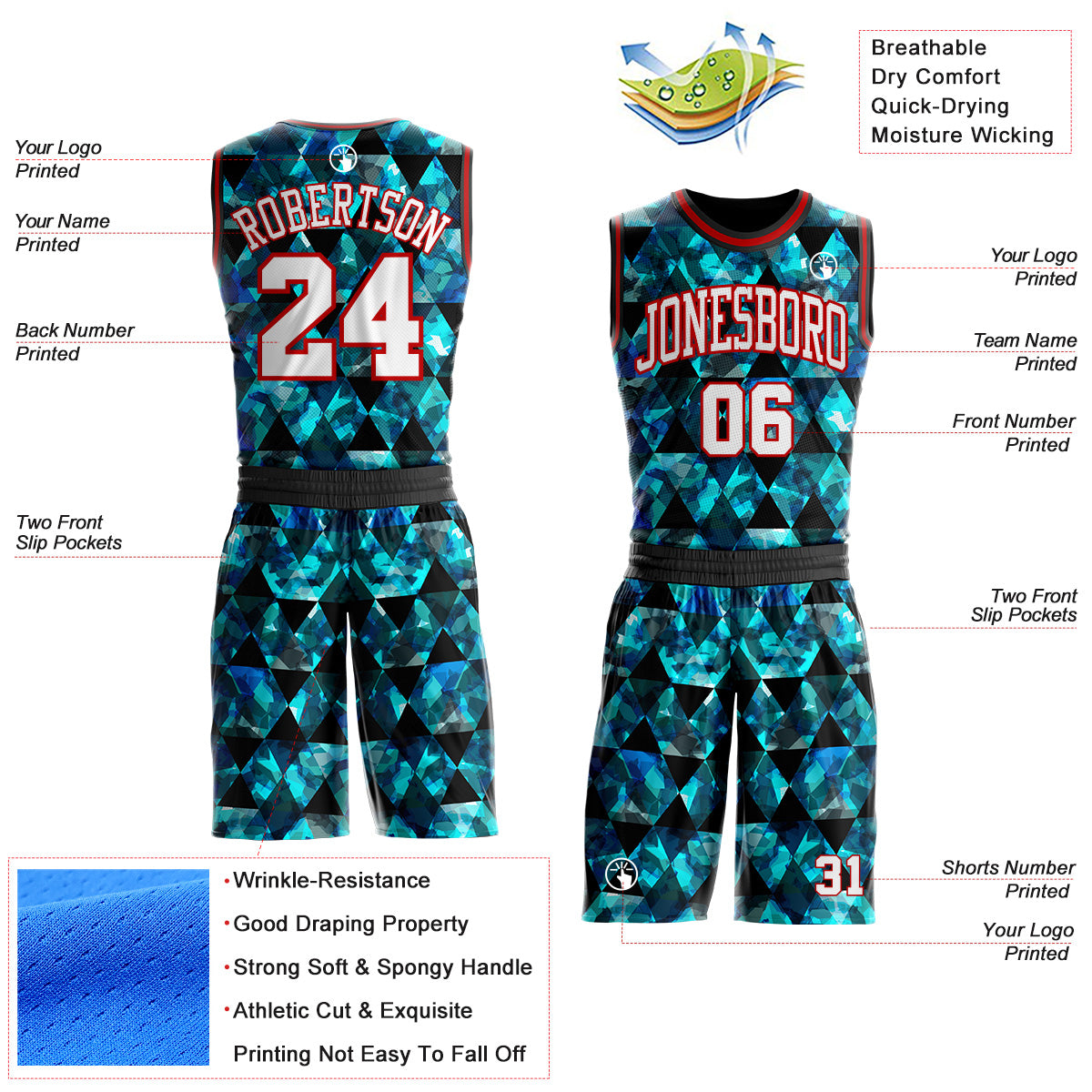 Custom Black White Blue-Red Diamond Geometric Round Neck Sublimation Basketball Uniform Jersey view 2