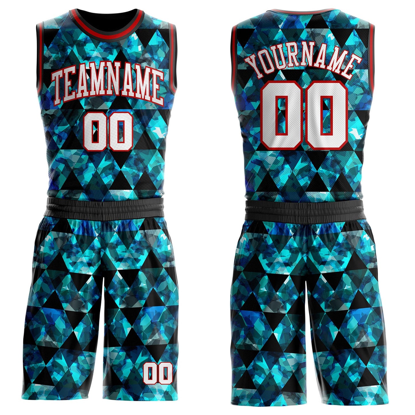 Custom Black White Blue-Red Diamond Geometric Round Neck Sublimation Basketball Uniform Jersey - Main View