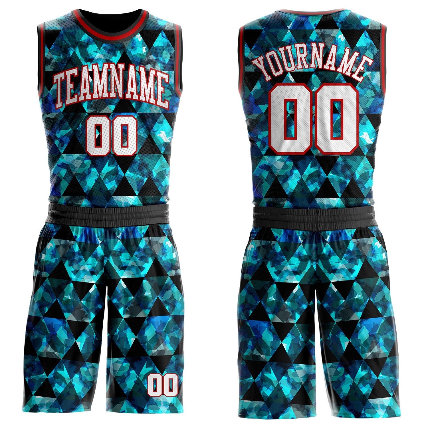 Custom Black White Blue-Red Diamond Geometric Round Neck Sublimation Basketball Uniform Jersey - Main View
