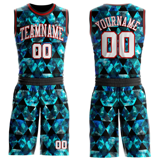 Custom Black White Blue-Red Diamond Geometric Round Neck Sublimation Basketball Uniform Jersey - Main View