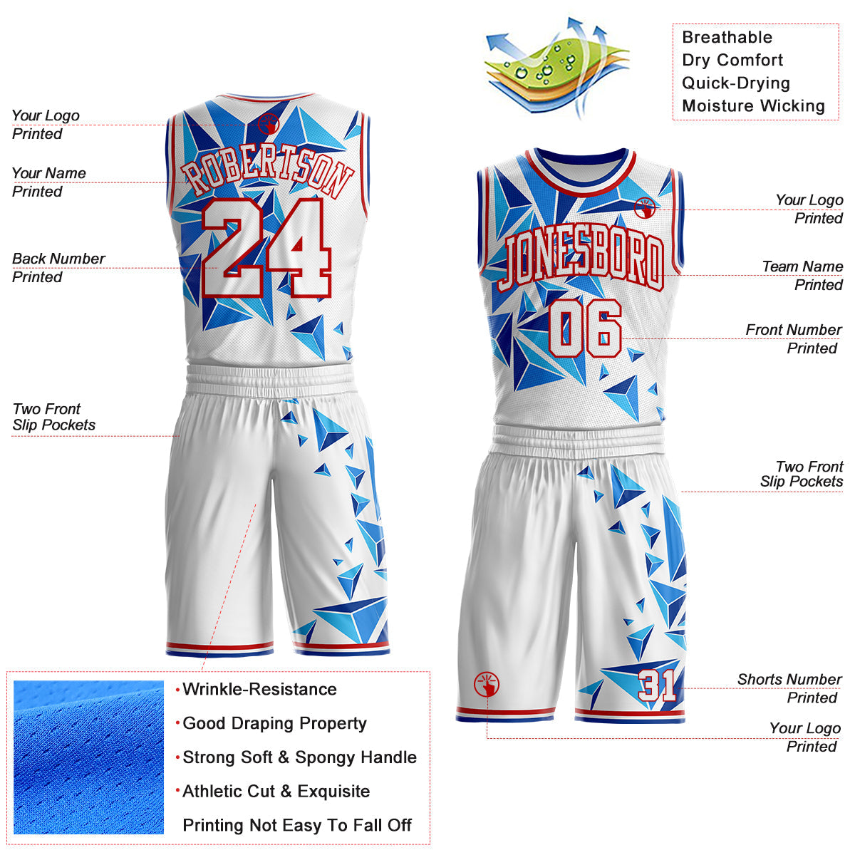 Custom White Red-Royal Crystal Geometric Round Neck Sublimation Basketball Uniform Jersey view 2