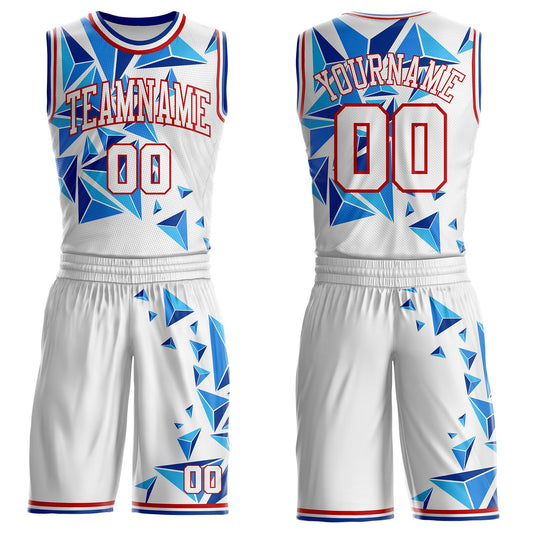 Custom White Red-Royal Crystal Geometric Round Neck Sublimation Basketball Uniform Jersey - Main View