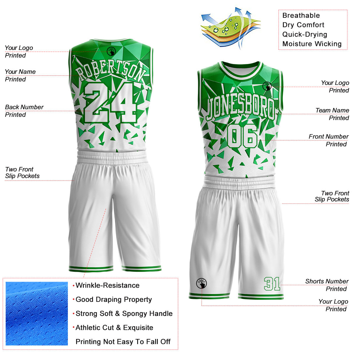 Custom White-Grass Green Triangle Shapes Geometric Round Neck Sublimation Basketball Uniform Jersey view 2