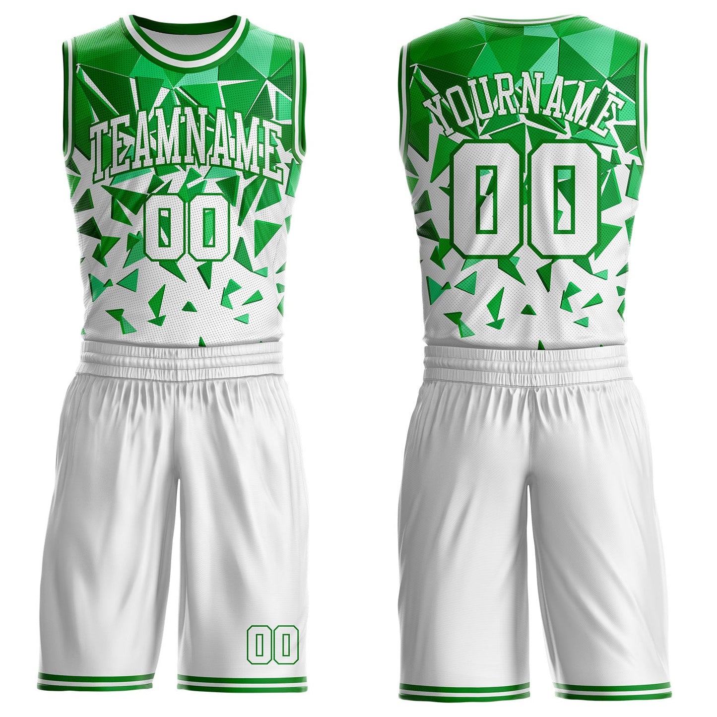 Custom White-Grass Green Triangle Shapes Geometric Round Neck Sublimation Basketball Uniform Jersey - Main View