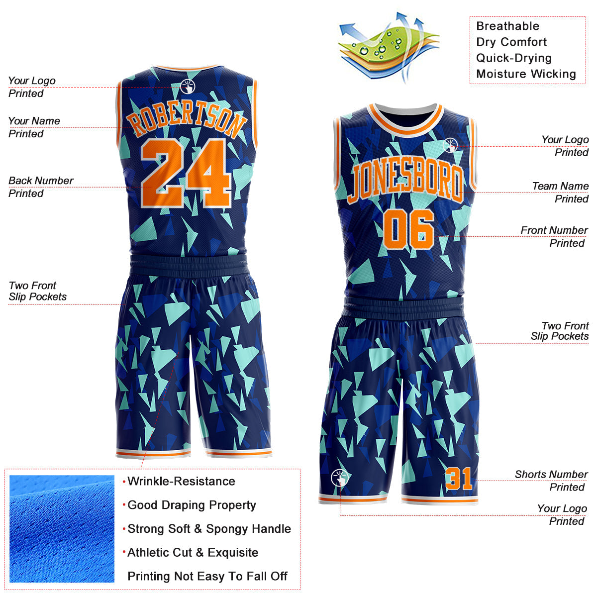 Custom Blue Bay Orange-White Triangle Shattered Geometric Round Neck Sublimation Basketball Uniform Jersey view 2