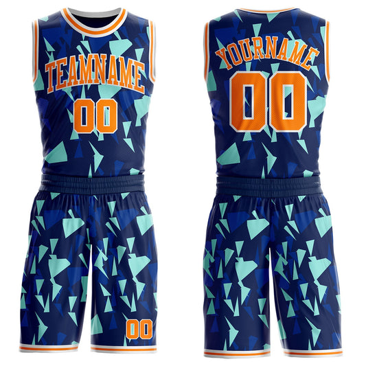 Custom Blue Bay Orange-White Triangle Shattered Geometric Round Neck Sublimation Basketball Uniform Jersey - Main View