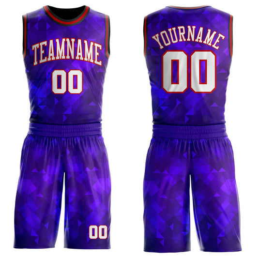 Custom Purple White Red-Black Diamond Shapes Gradient Round Neck Sublimation Basketball Uniform Jersey - Main View