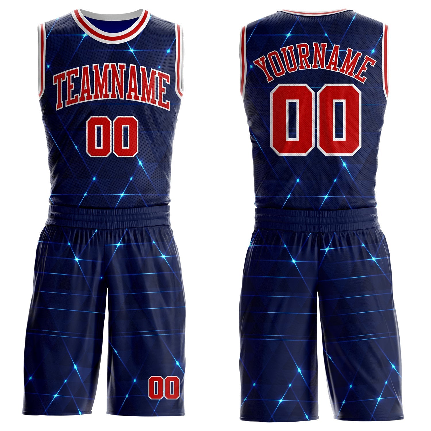 Custom Blue Red-White Sparkling Geometric Round Neck Sublimation Basketball Uniform Jersey - Main View