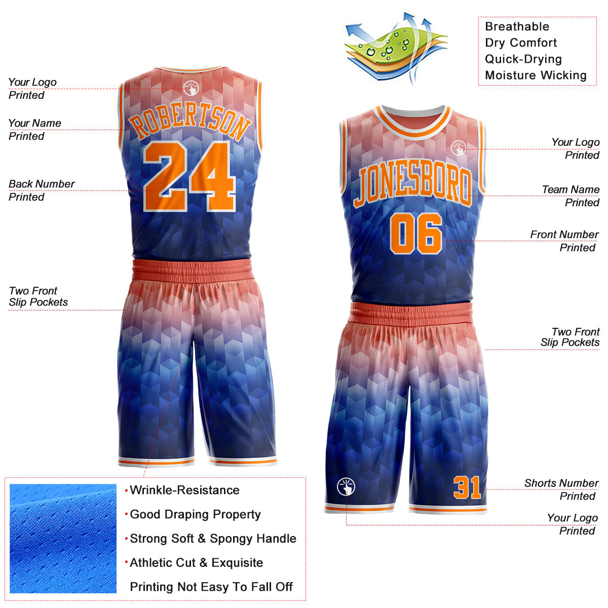 Custom Blue Bay Orange-White Geometric Gradient Round Neck Sublimation Basketball Uniform Jersey view 2