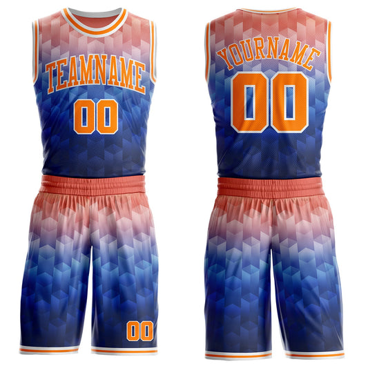 Custom Blue Bay Orange-White Geometric Gradient Round Neck Sublimation Basketball Uniform Jersey - Main View