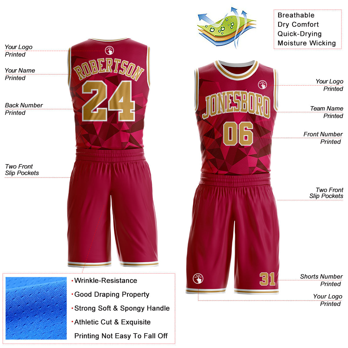 Custom Red Old Gold-White Diamond Shapes Geometric Round Neck Sublimation Basketball Uniform Jersey view 2