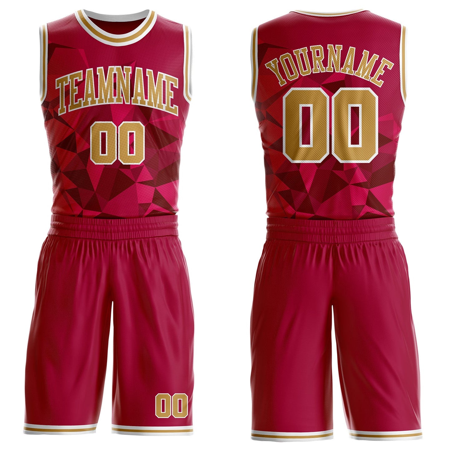 Custom Red Old Gold-White Diamond Shapes Geometric Round Neck Sublimation Basketball Uniform Jersey - Main View