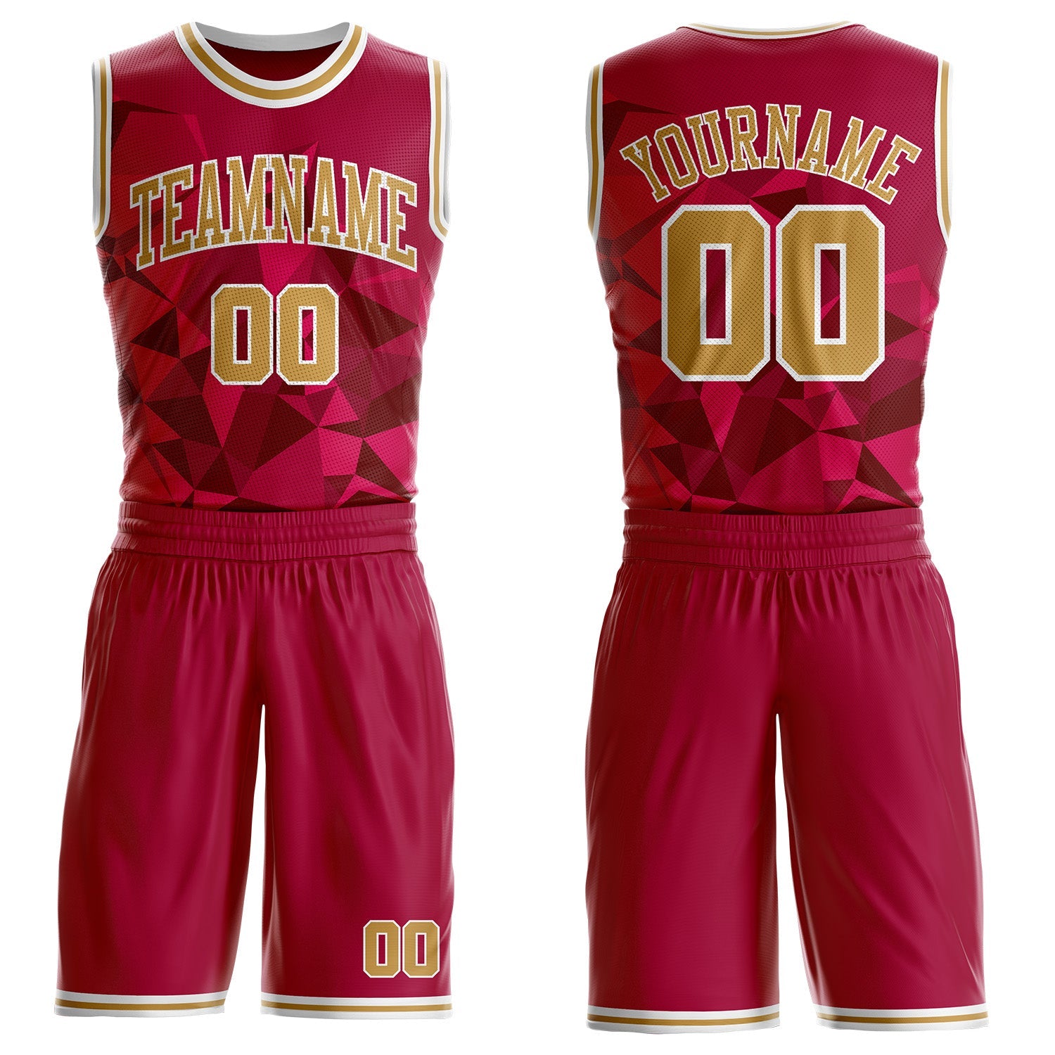 Custom Red Old Gold-White Diamond Shapes Geometric Round Neck Sublimation Basketball Uniform Jersey - Main View