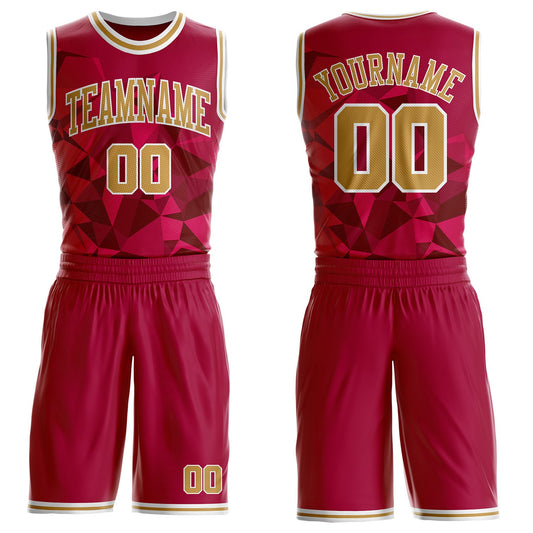 Custom Red Old Gold-White Diamond Shapes Geometric Round Neck Sublimation Basketball Uniform Jersey - Main View