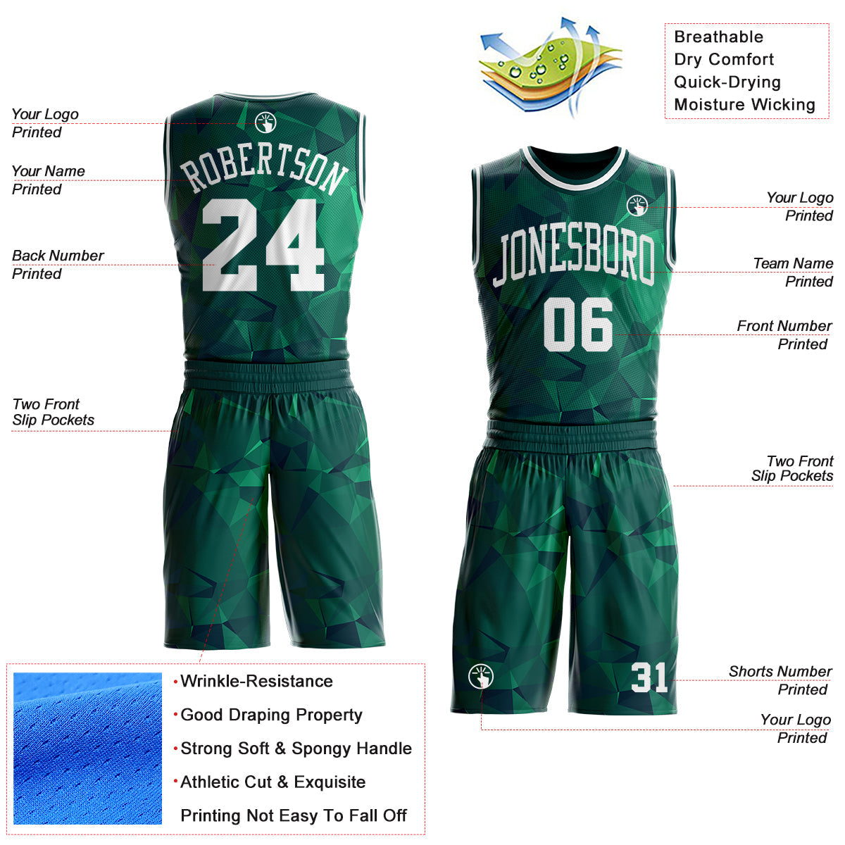 Custom Green-White Diamond Shapes Geometric Round Neck Sublimation Basketball Uniform Jersey view 2