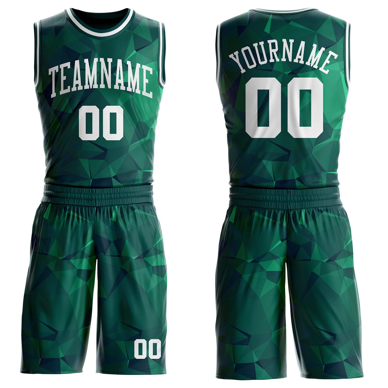 Custom Green-White Diamond Shapes Geometric Round Neck Sublimation Basketball Uniform Jersey - Main View