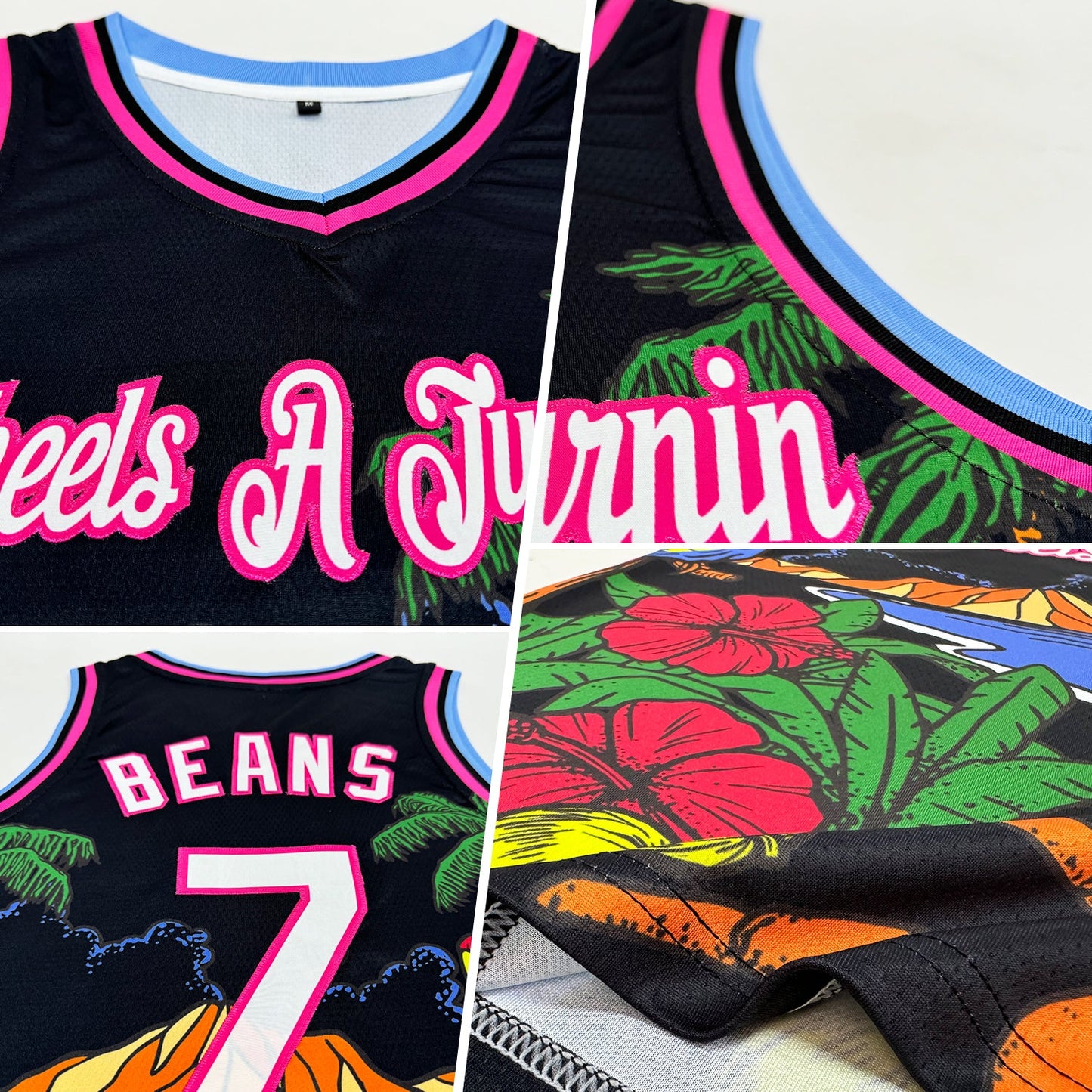 Custom Black White Pink-Light Blue 3D Pattern Tropical Beach Hawaii Palm Trees Authentic Basketball Jersey view 2