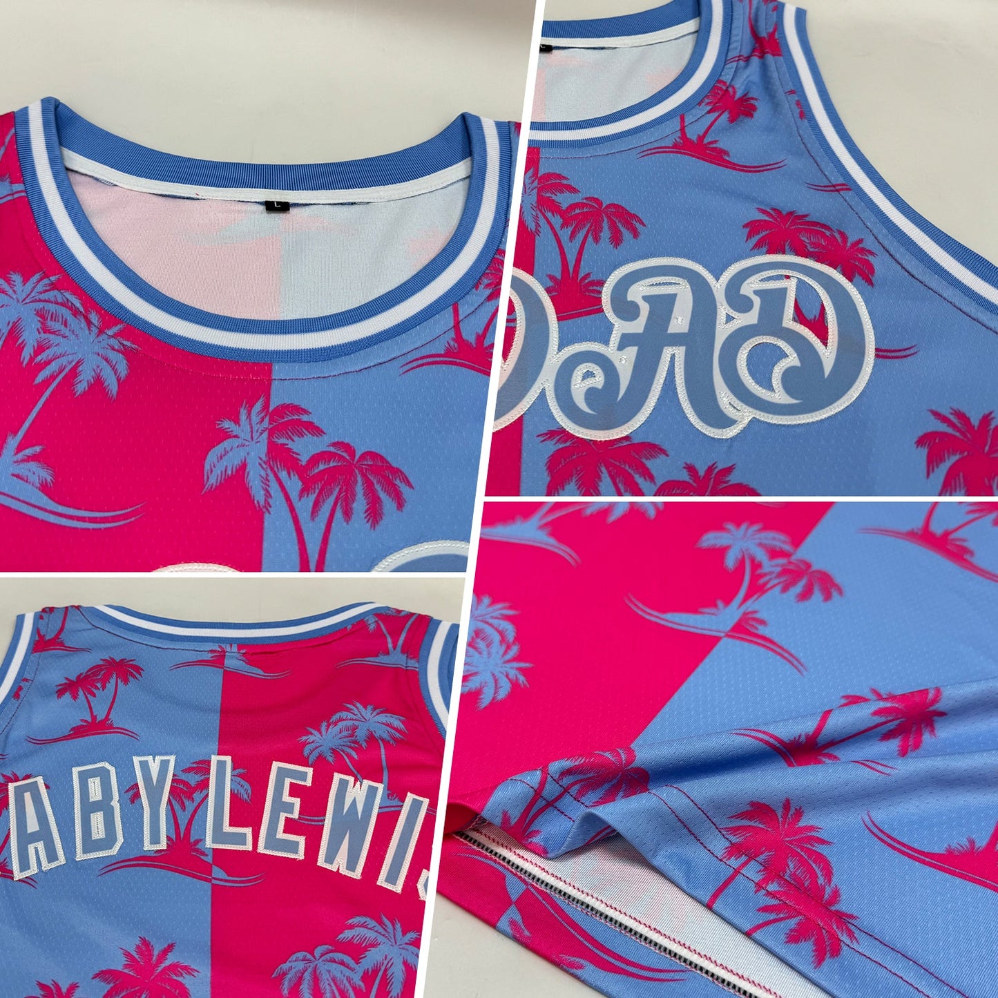 Custom Pink Light Blue-White 3D Pattern Hawaii Palm Trees Authentic Basketball Jersey view 2