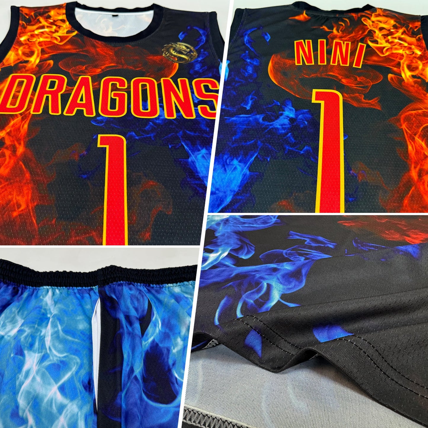 Custom Figure Red-Gold Flame Round Neck Sublimation Basketball Uniform Jersey view 2