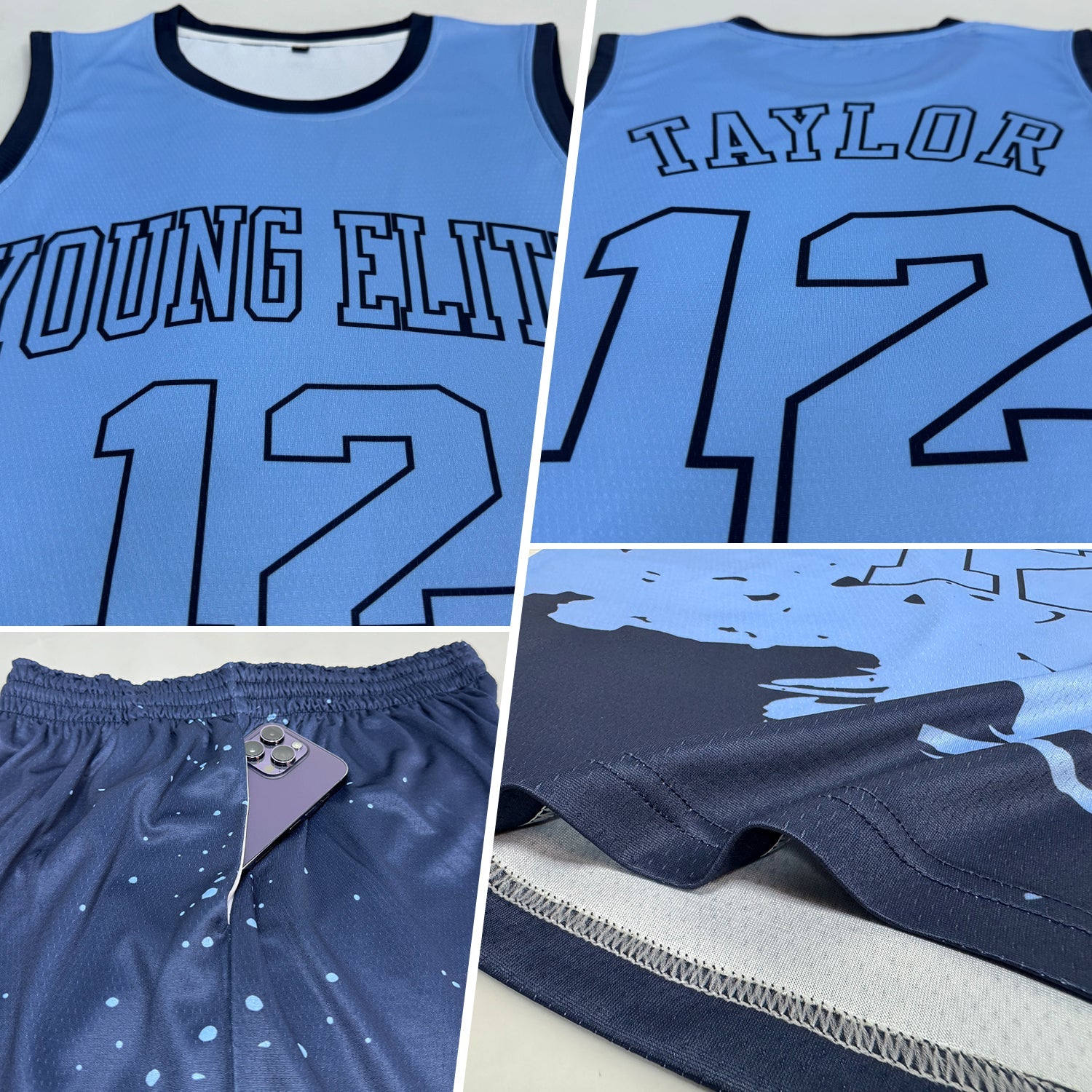 Custom Light Blue Navy Color Splash Round Neck Sublimation Basketball Uniform Jersey view 2