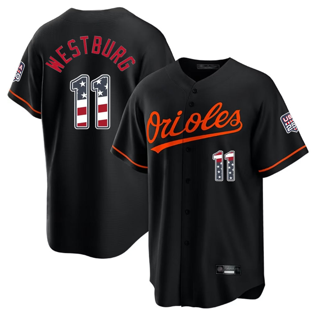Baltimore Orioles #11 Jordan Westburg Player Black USA 250 Fourth of July Home Game Stitched Baseball Jersey - Main View