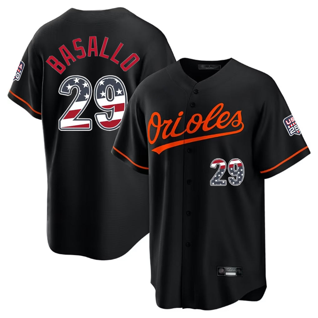 Baltimore Orioles #29 Samuel Basallo Player Black USA 250 Fourth of July Home Game Stitched Baseball Jersey - Main View