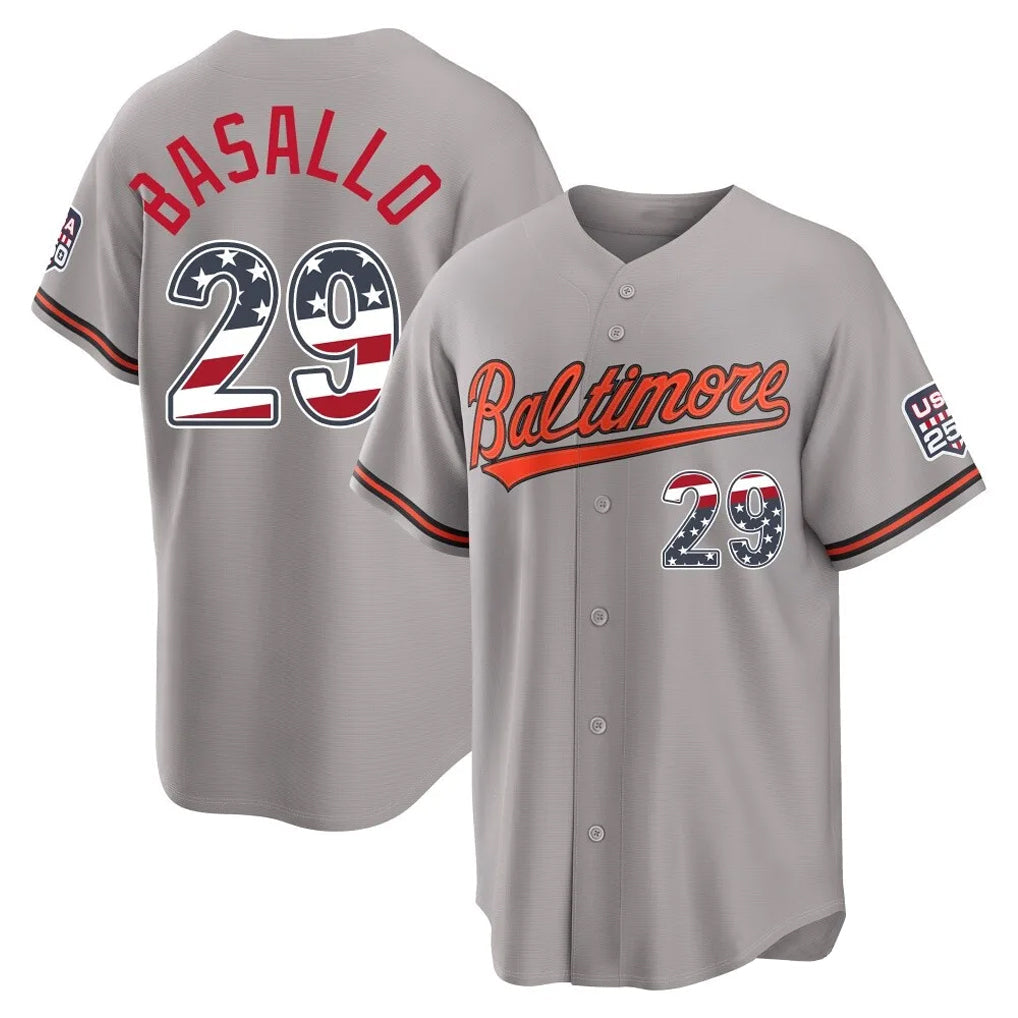 Baltimore Orioles #29 Samuel Basallo Player Gray USA 250 Fourth of July Home Game Stitched Baseball Jersey - Main View