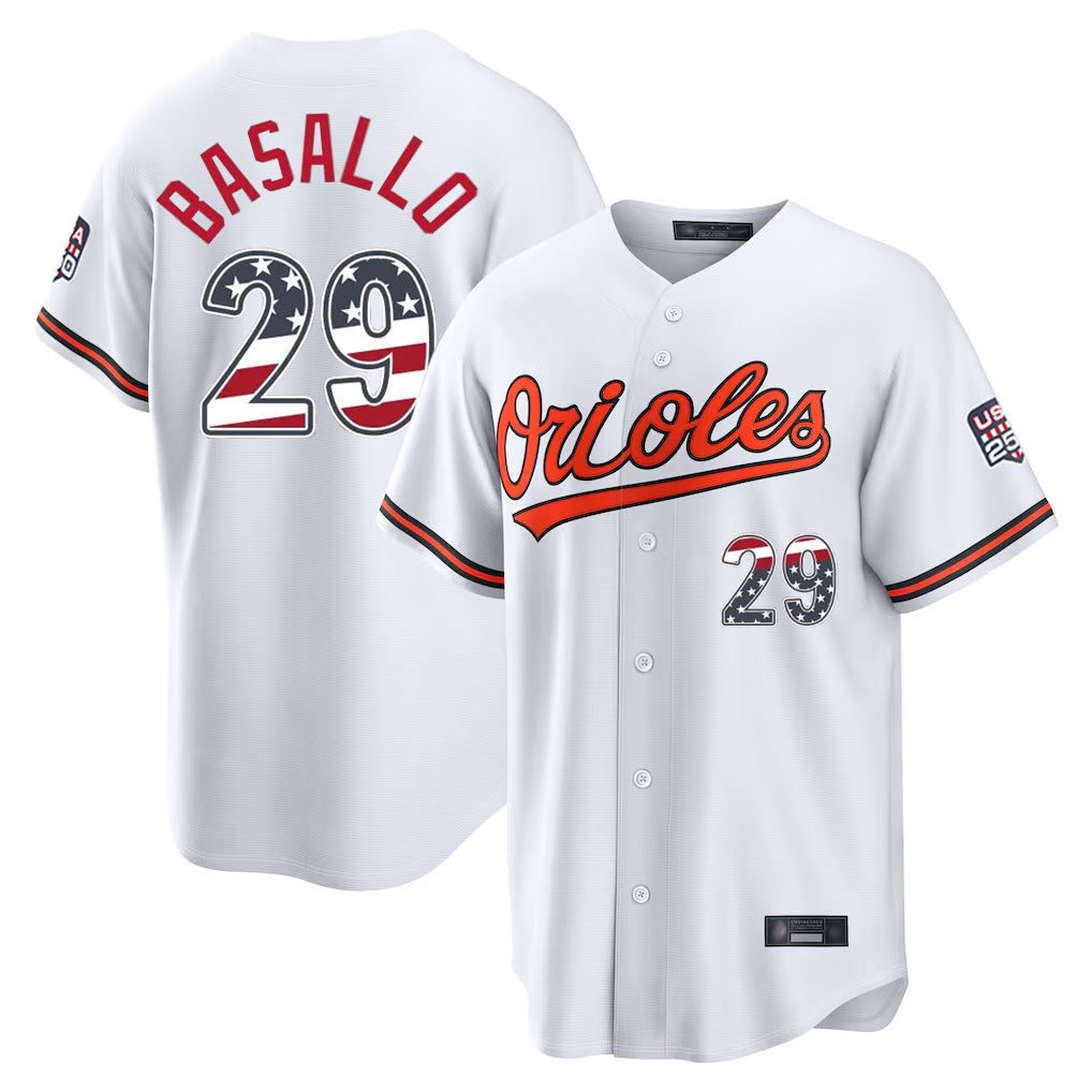 Baltimore Orioles #29 Samuel Basallo Player White USA 250 Fourth of July Home Game Stitched Baseball Jersey - Main View