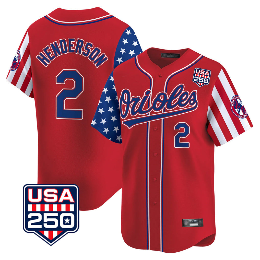 Baltimore Orioles #2 Gunnar Henderson Player Red USA 250 Independence Day Vapor Premier Limited Home Game Stitched Baseball Jersey - Main View