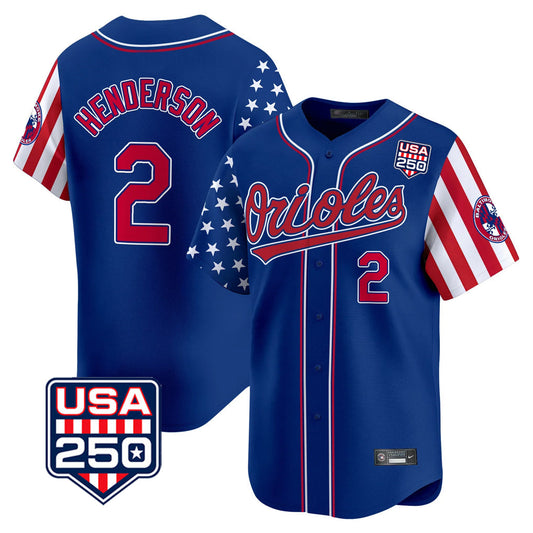 Baltimore Orioles #2 Gunnar Henderson Player Royal USA 250 Independence Day Vapor Premier Limited Home Game Stitched Baseball Jersey - Main View