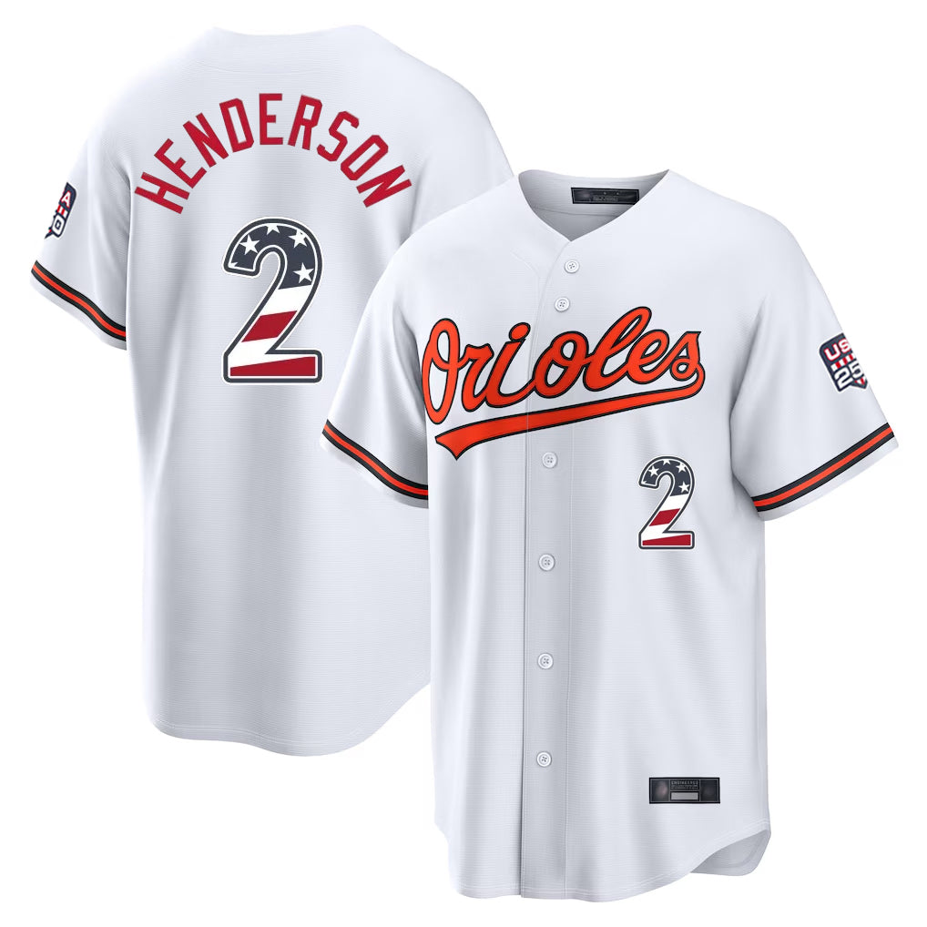 Baltimore Orioles #2 Gunnar Henderson Player White USA 250 Fourth of July Home Game Stitched Baseball Jersey - Main View