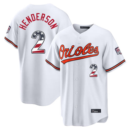 Baltimore Orioles #2 Gunnar Henderson Player White USA 250 Fourth of July Home Game Stitched Baseball Jersey - Main View
