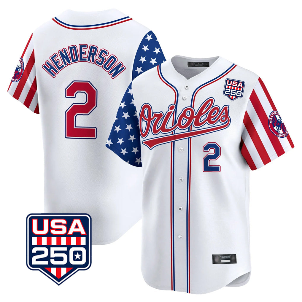 Baltimore Orioles #2 Gunnar Henderson Player White USA 250 Independence Day Vapor Premier Home Game Stitched Baseball Jersey - Main View