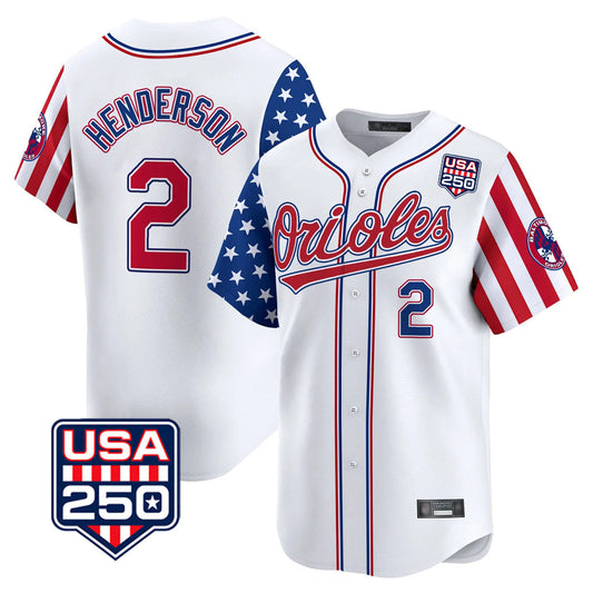 Baltimore Orioles #2 Gunnar Henderson Player White USA 250 Independence Day Vapor Premier Home Game Stitched Baseball Jersey - Main View