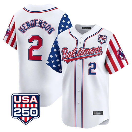 Baltimore Orioles #2 Gunnar Henderson Player White USA 250 Independence Day Vapor Premier Limited Home Game Stitched Baseball Jersey - Main View
