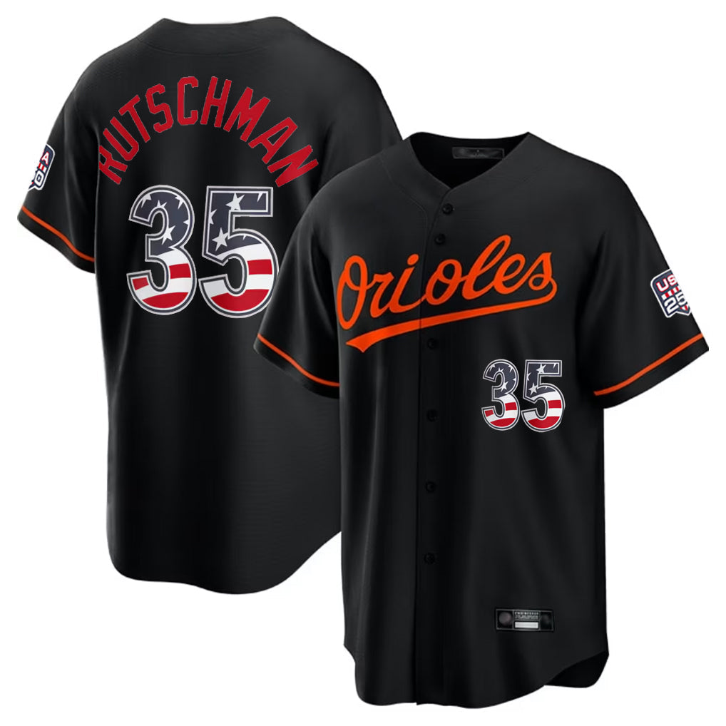Baltimore Orioles #35 Adley Rutschman Player Black USA 250 Fourth of July Home Game Stitched Baseball Jersey - Main View