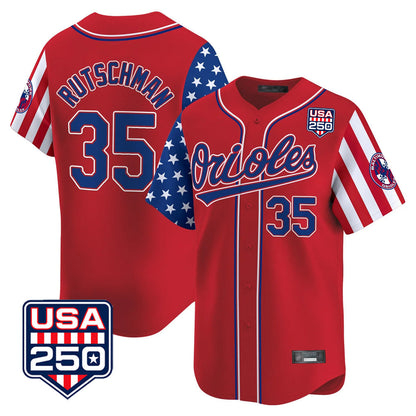 Baltimore Orioles #35 Adley Rutschman Player Red USA 250 Independence Day Vapor Premier Limited Home Game Stitched Baseball Jersey - Main View