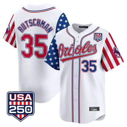 Baltimore Orioles #35 Adley Rutschman Player White USA 250 Independence Day Vapor Premier Home Game Stitched Baseball Jersey - Main View