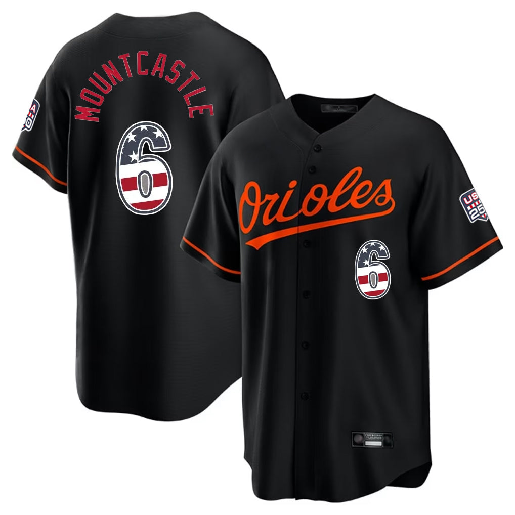 Baltimore Orioles #6 Ryan Mountcastle Player Black USA 250 Fourth of July Home Game Stitched Baseball Jersey - Main View